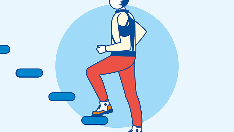 Illustration Mann mit Exoskelett geht eine Treppe hoch