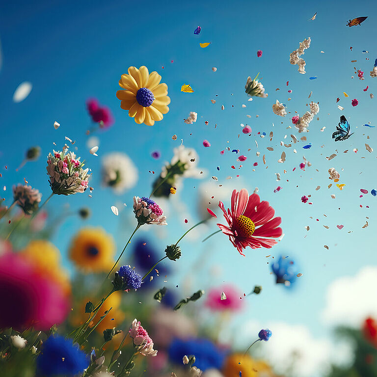 Blumenpollen fliegen auf einer bunten Blumenwiese vor strahlend blauem Himmel 