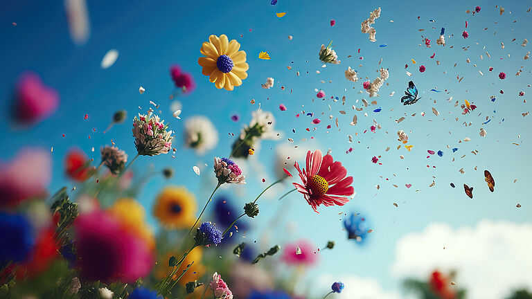 Blumenpollen fliegen auf einer bunten Blumenwiese vor strahlend blauem Himmel