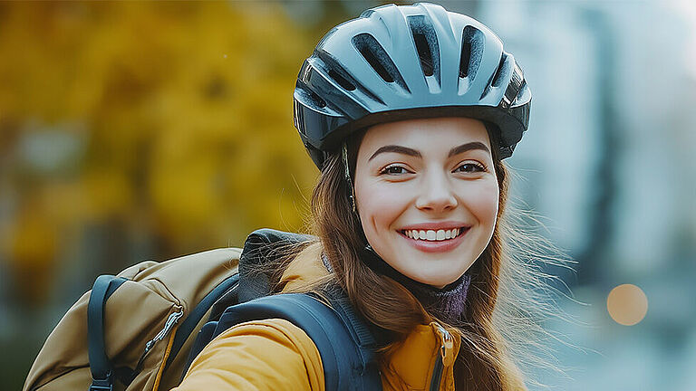 Eine junge Frau mit Fahrradhelm auf dem Kopf lächelt in die Kamera.