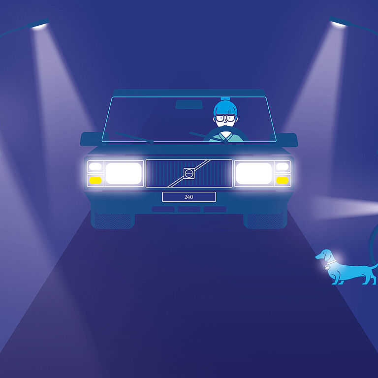 Im Scheinwerferlicht eines Autos: Eine Zeitungszustellerin, mit Warnweste, Refektoren und Stirnlampe sowie ein Fahradfahrer mit heller Kleidung und reflektierendem Helm. Am Fahrrad Licht und Refelektoren. Daneben eiin Hund, der ein reflektierendes Halsband trägt.