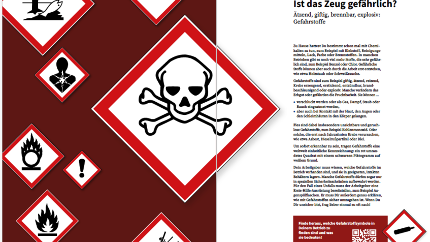 Auf dieser Doppelseite werden verschiedene Gefahrstoffsymbole gezeigt, rechts befindet sich ein Erklärungstext zu Gefahrstoffen.