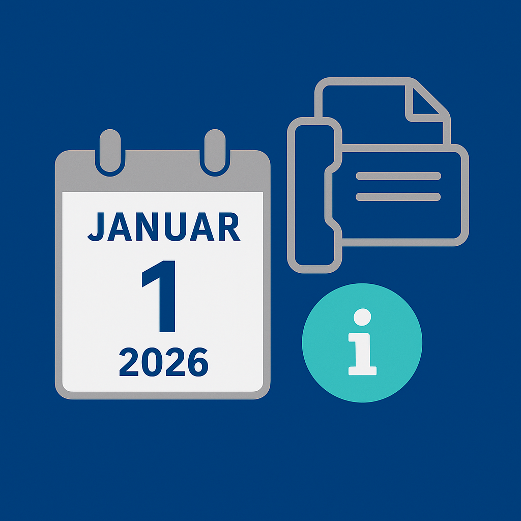 Eine Grafik von Chat GPT. Sie zeigt ein Kalenderblatt mit dem Datum 1.1. 2026, daneben ein stilisiertes Faxgerät mit einem i (für Information)